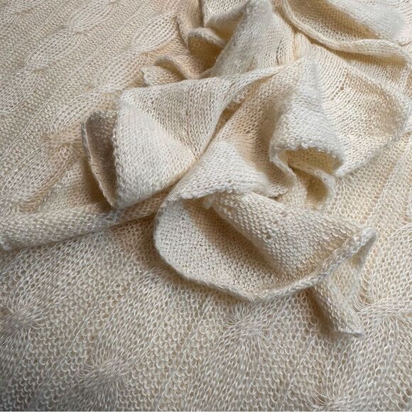 Ralph Lauren Ruffle Creamy Tie Neck Sheer Cable Knit Linen Alpaca S/S Sweater - Picture 6 of 8